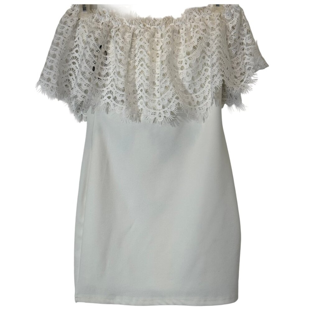 Women Cream Off Shoulder Dress with Lace Detailing Size M